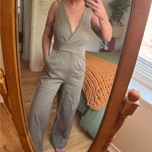 Anthropologie Scalloped V-Neck Wrap Wide Leg Jumpsuit